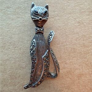 Vintage Sterling Silver & Malachite Cat Brooch 2”